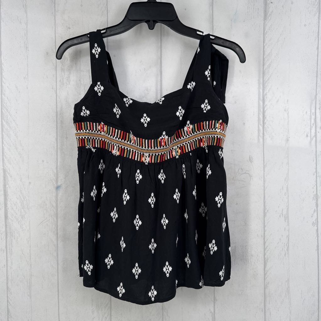 S tie slv print embroidered tank