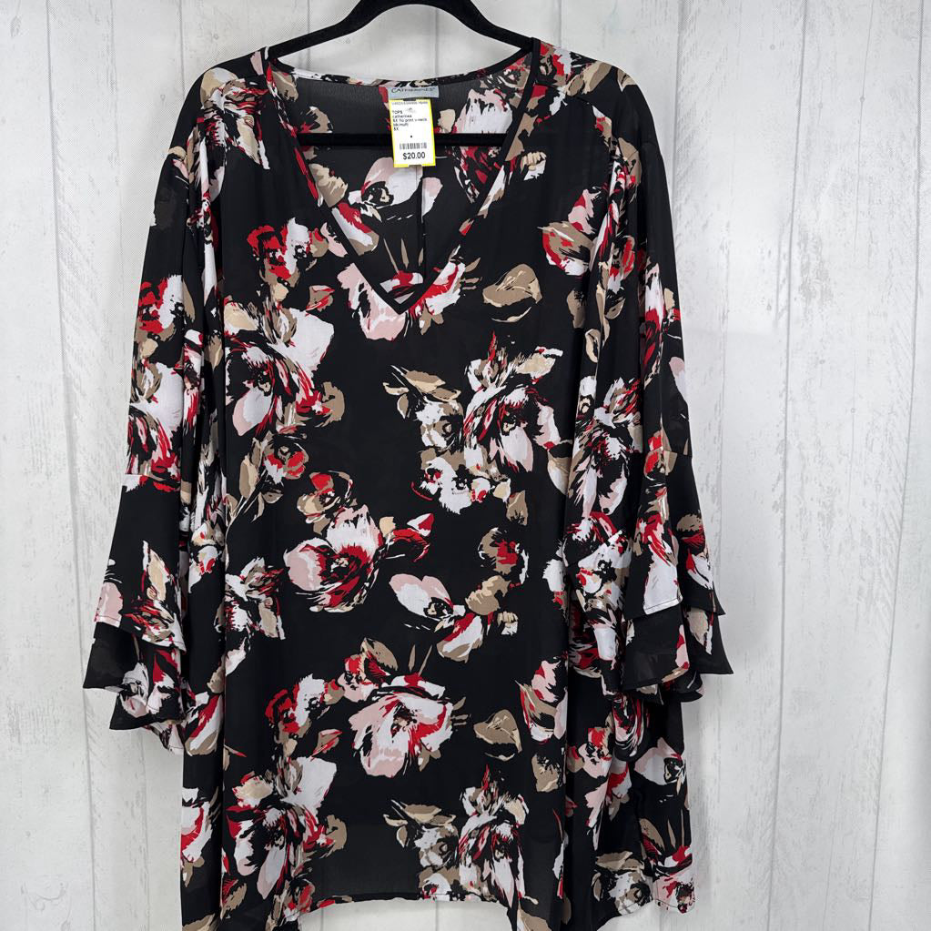 5X flo print v-neck 3/4 slv top