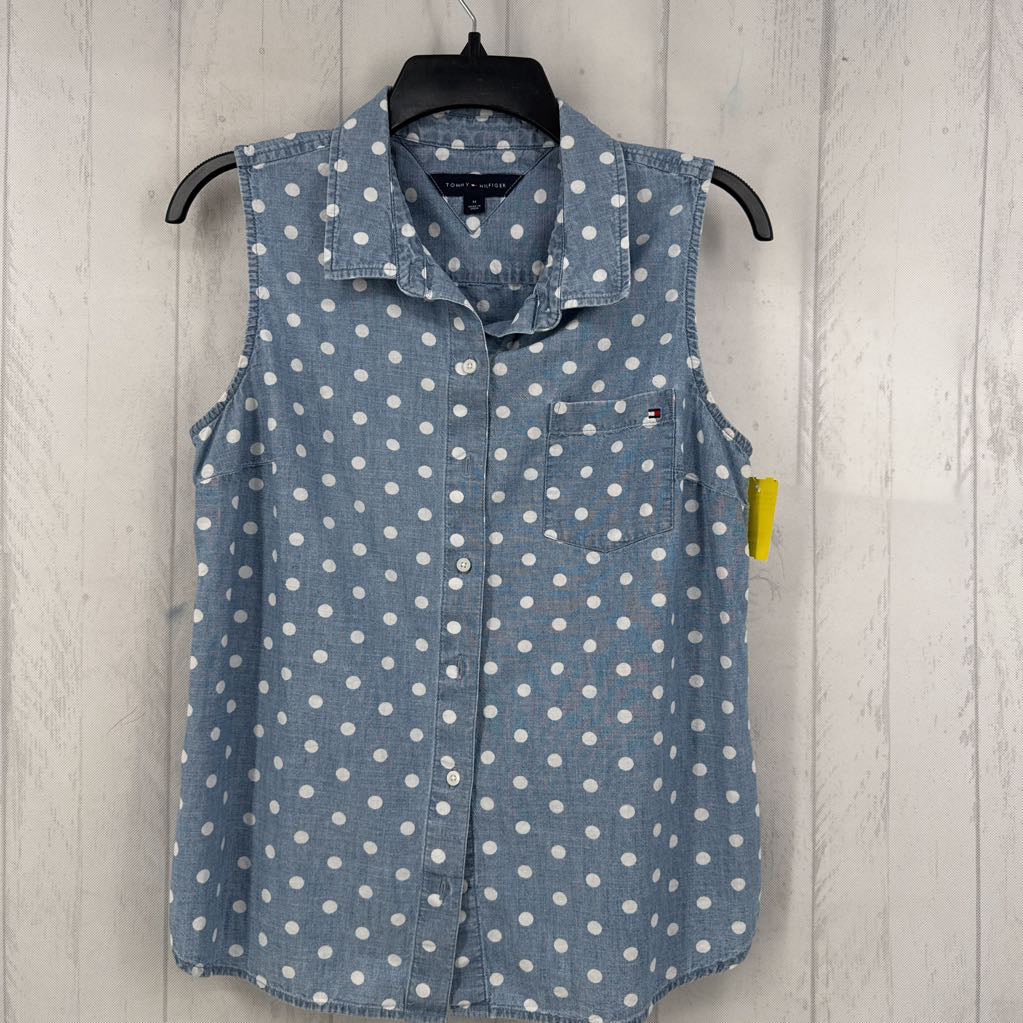 M polka dot chambray slvls top