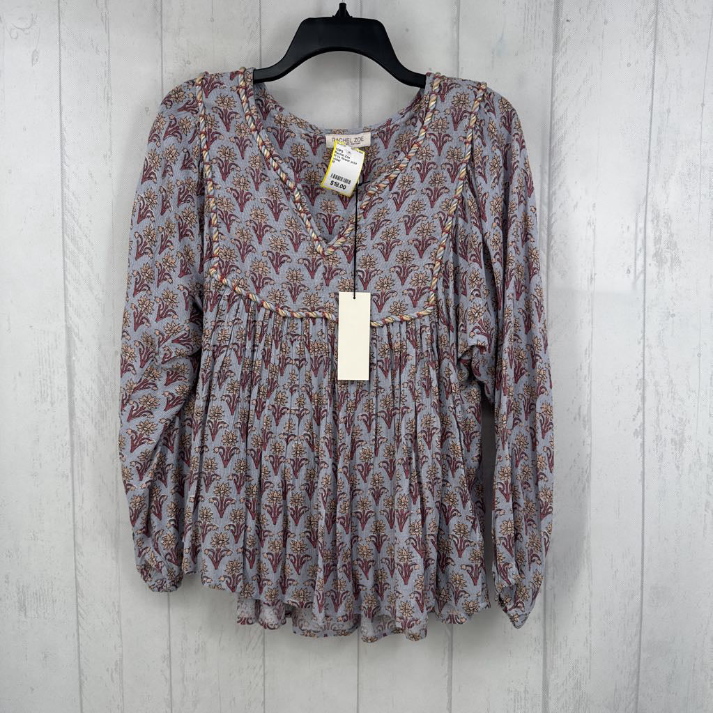 M l/s flower print pleated v-neck top