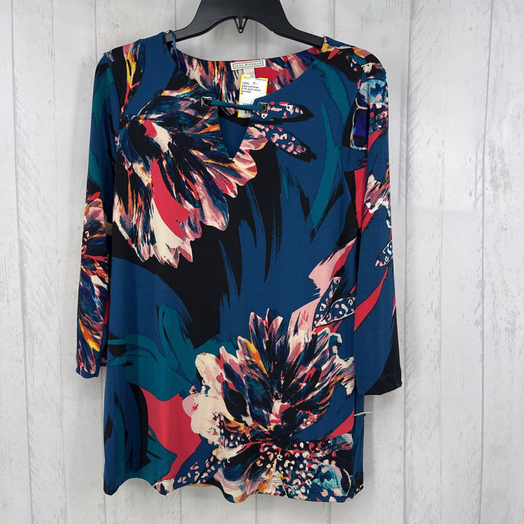 S flo print notch neck 3/4 slv top