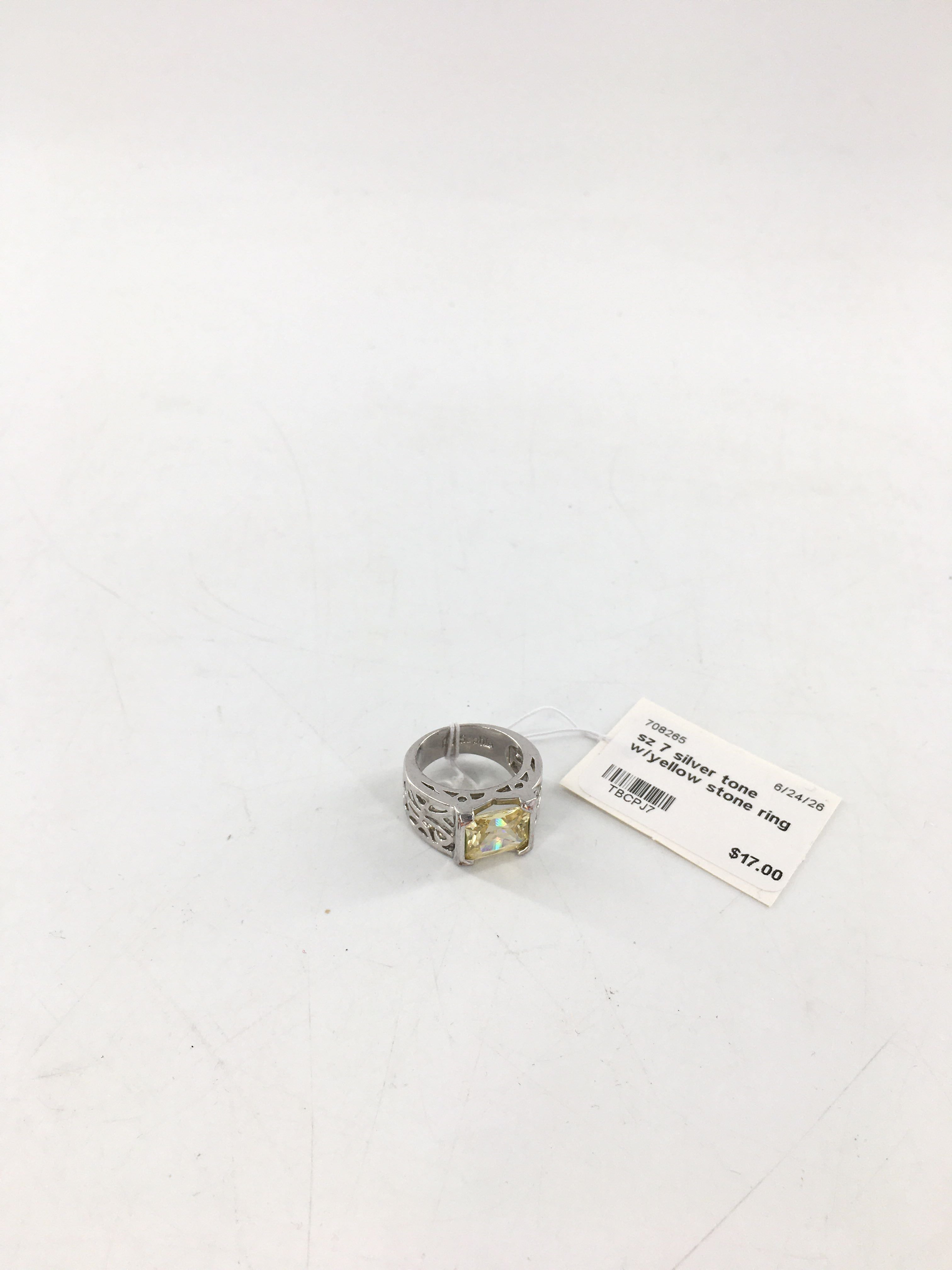 sz 7 silver tone w/yellow stone ring