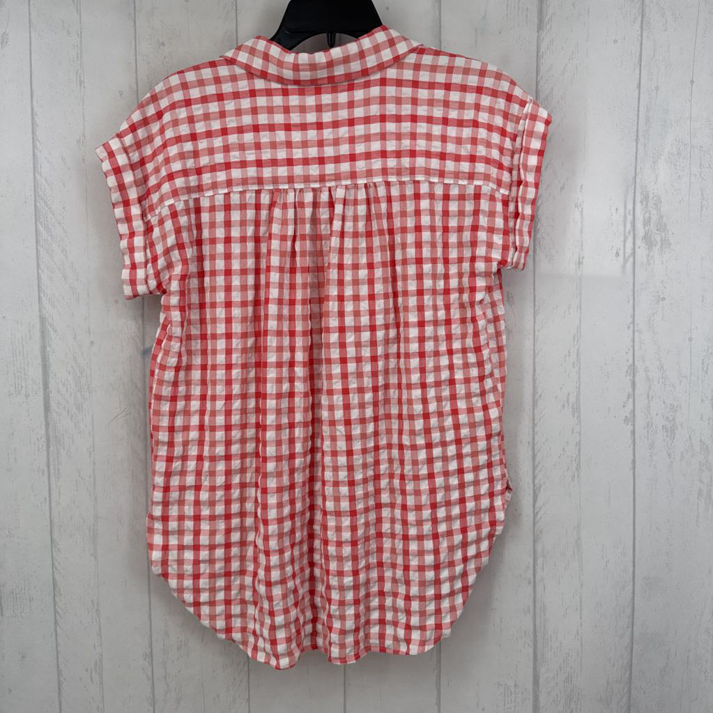 S plaid button down hi-lo s/s top