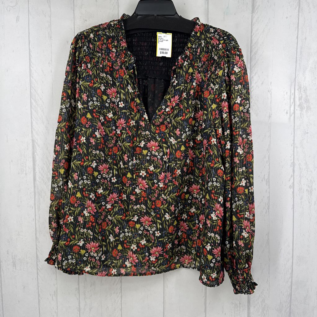 XL flo print split neck l/s top