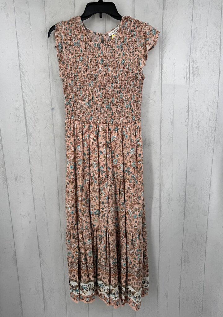 L smocked flo print maxi dress