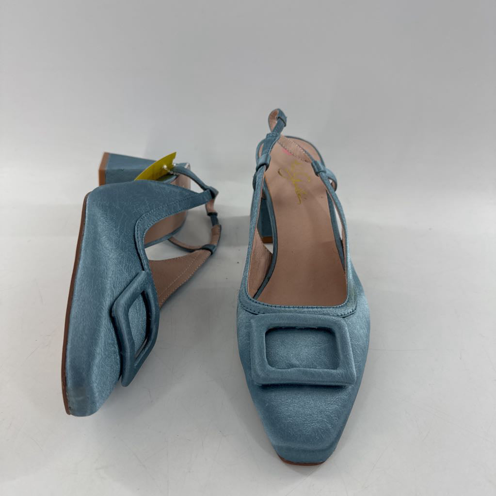 9 geometric buckle flared block heel pumps