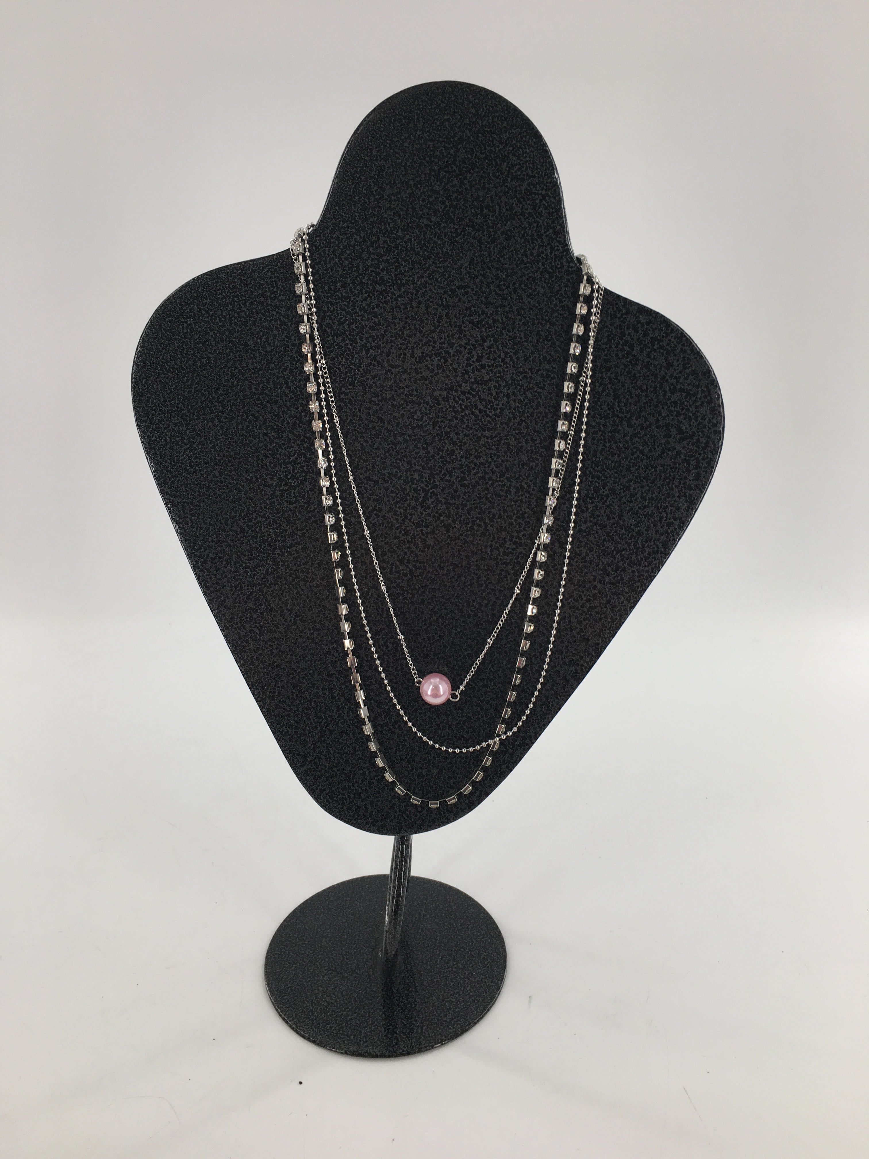 12" silver triple strand pink bead necklace