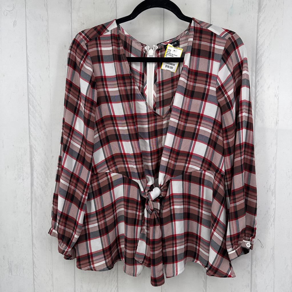 00 plaid tie front 3/4 slv top
