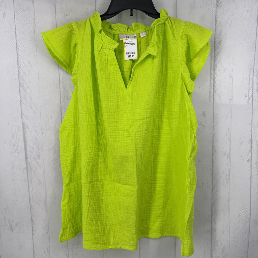 L gauze split neck flutter slv top