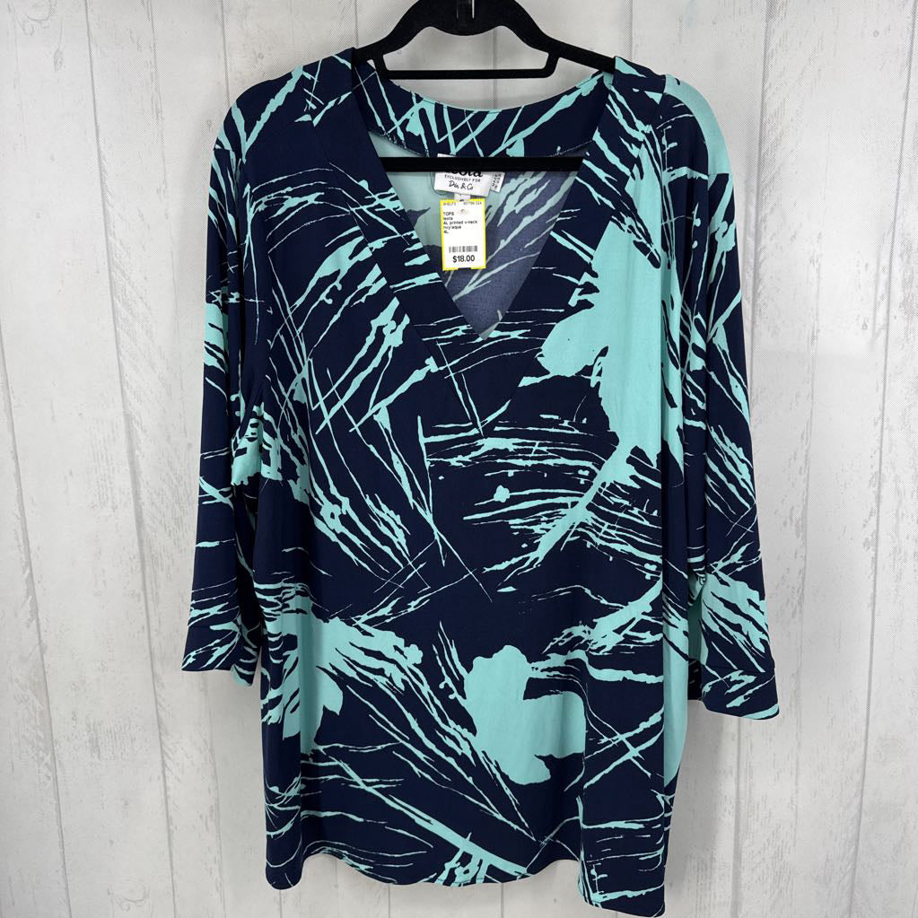 4L printed v-neck 3/4 slv top