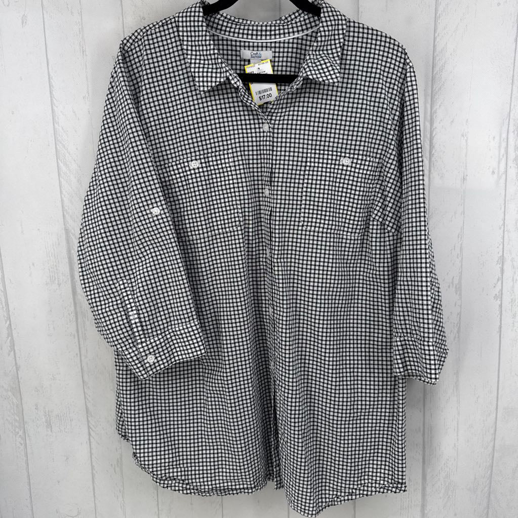 3X gingham plaid button down 3/4 slv top