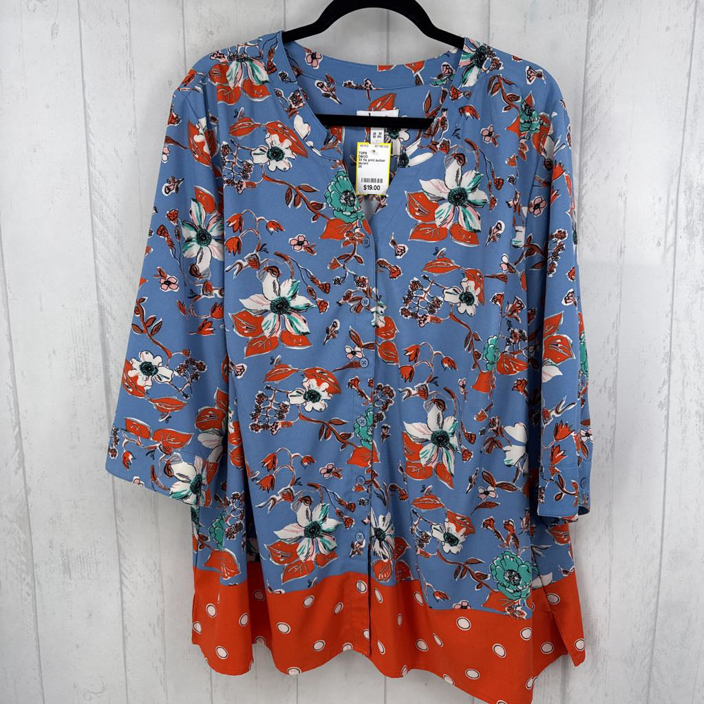 3X flo print button down 3/4 slv top