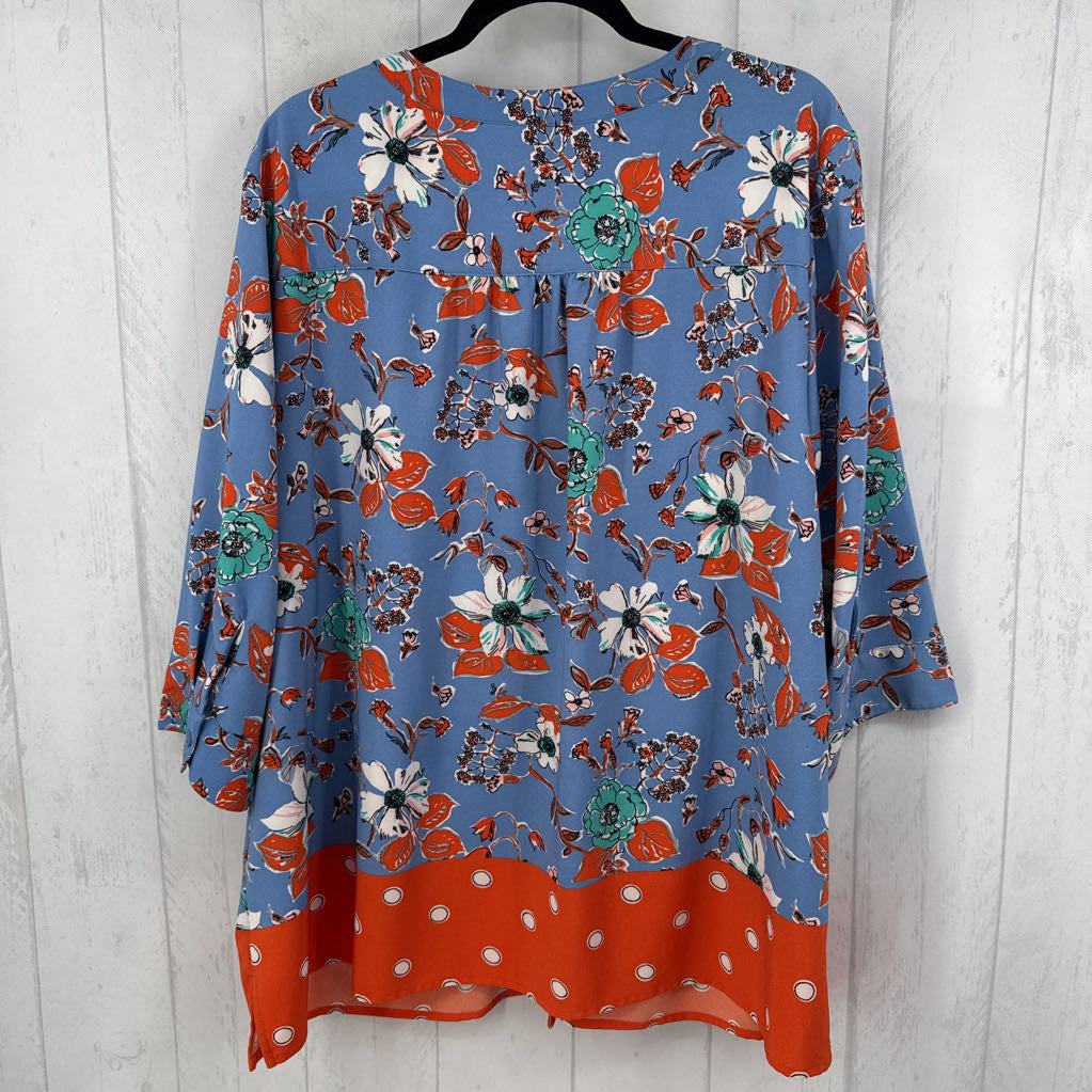 3X flo print button down 3/4 slv top