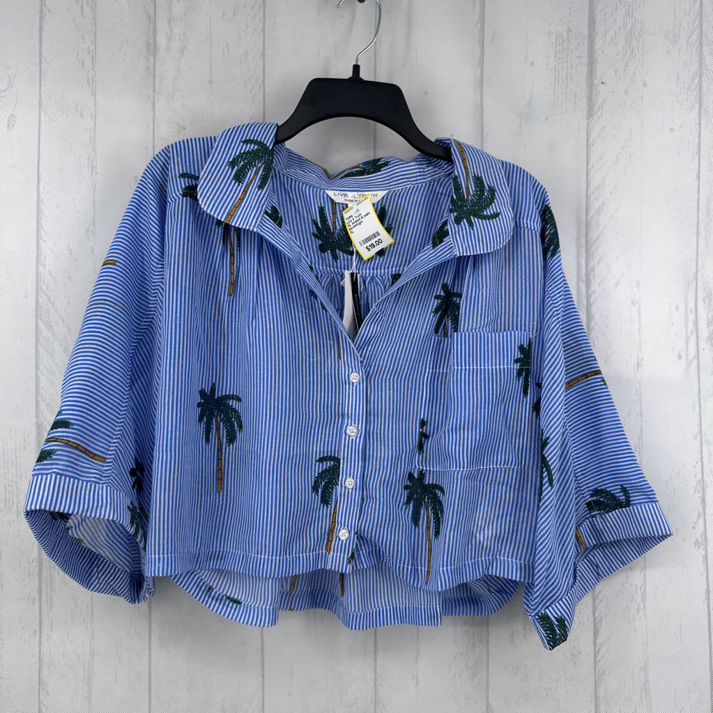 XL striped & palm tree print button down top