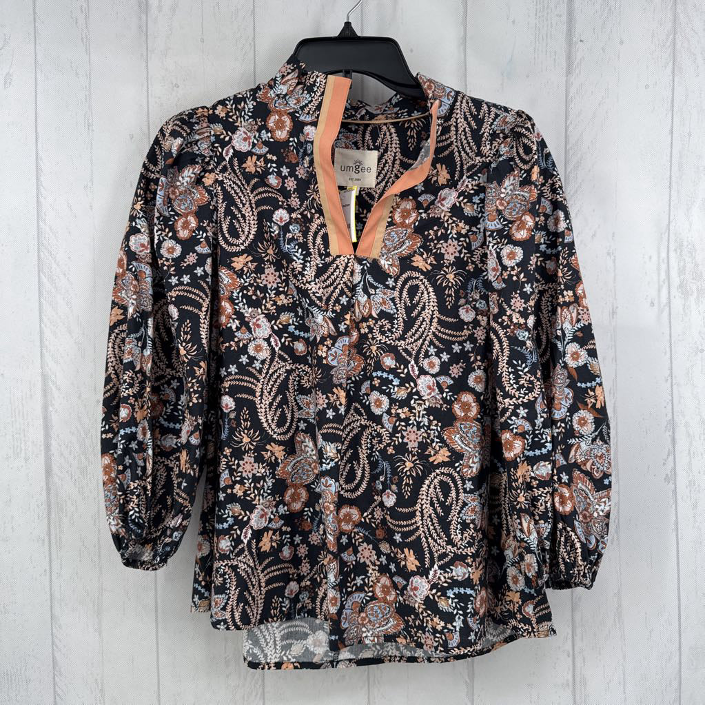 S flo print button down 3/4 slv top