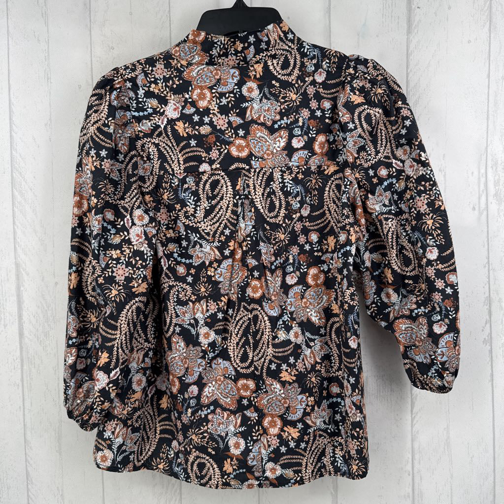 S flo print button down 3/4 slv top