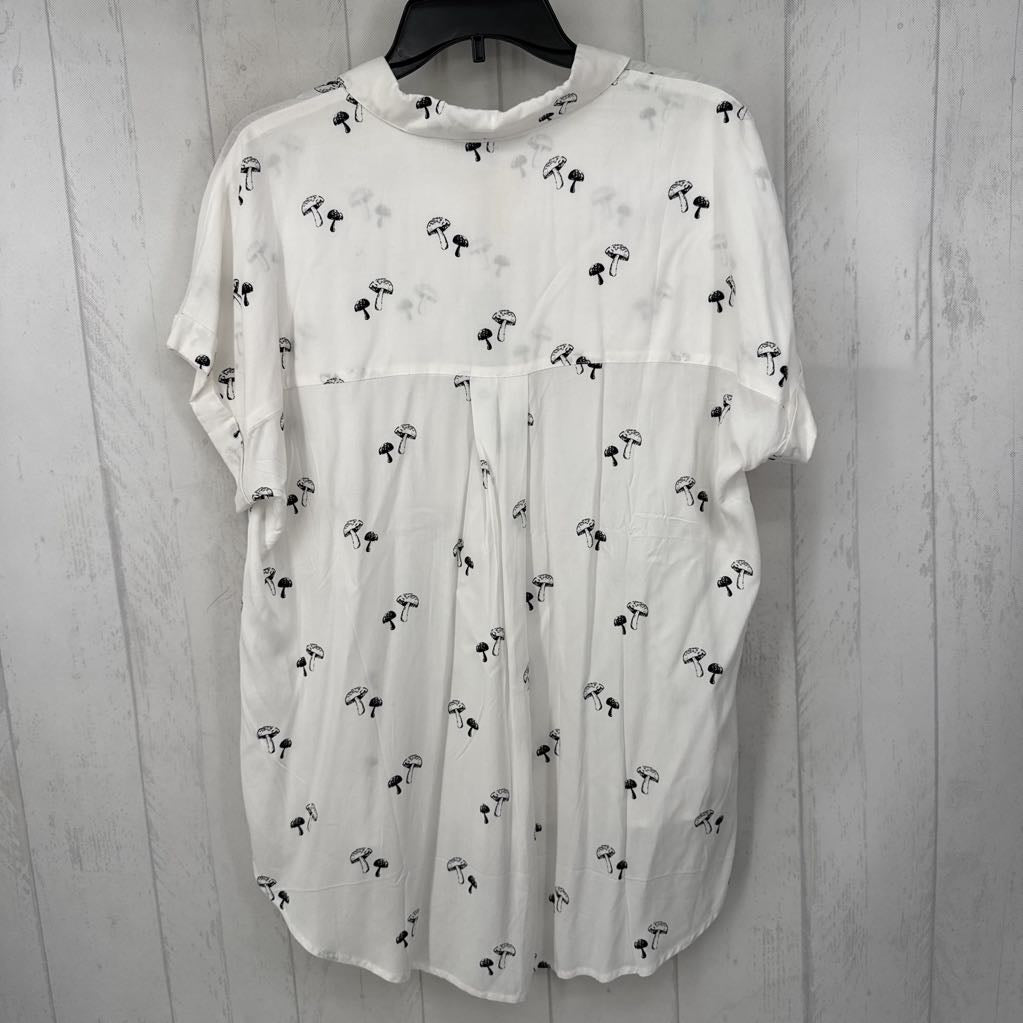 L mushroom print button down hi-lo s/s top
