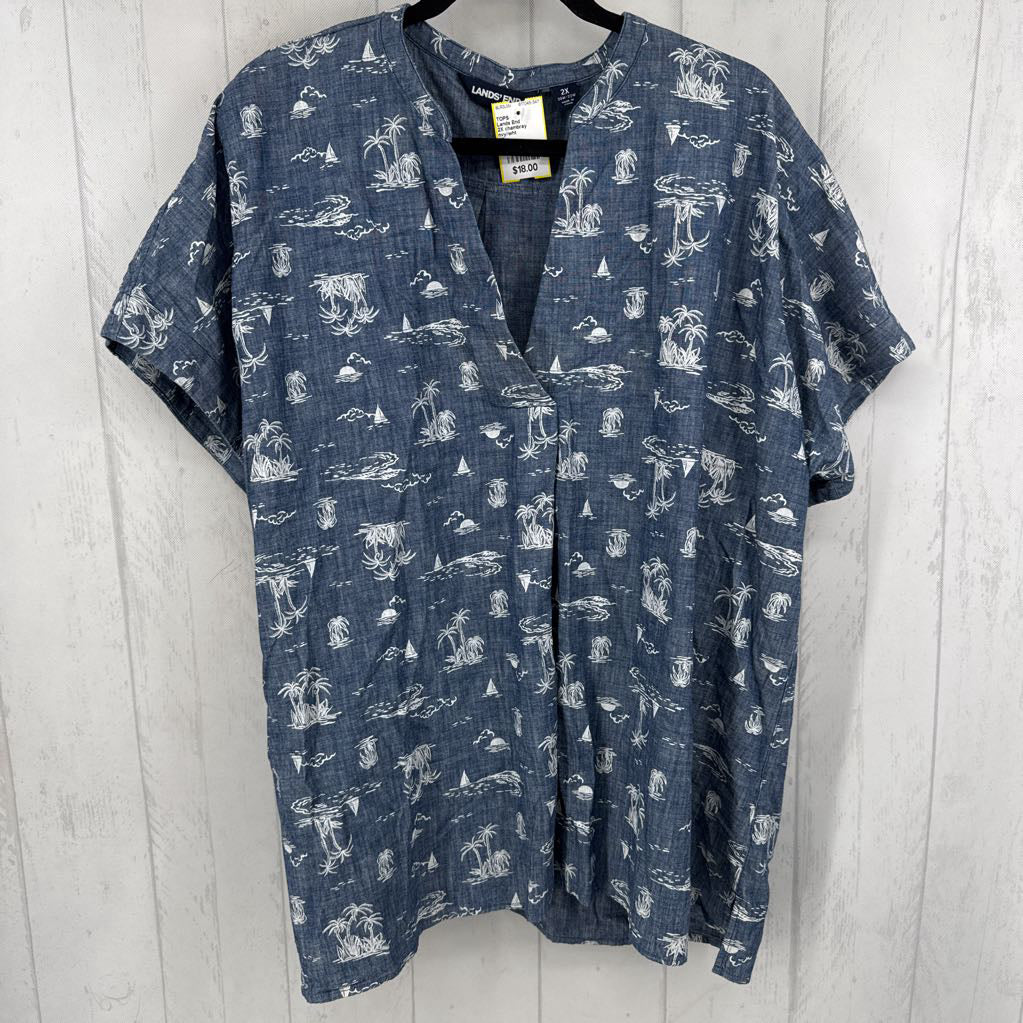 2X chambray sailboat & palm tree print s/s top