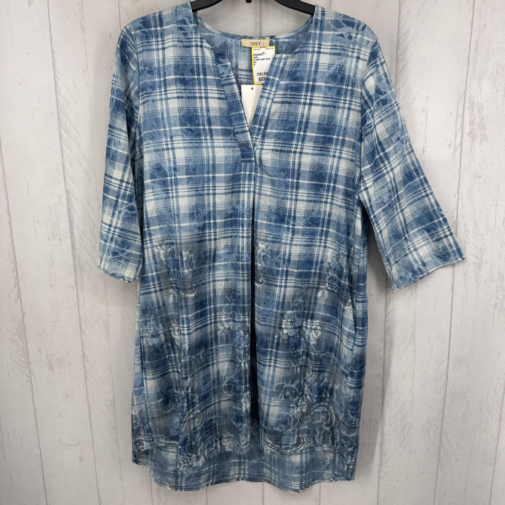 S plaid split neck s/s dress