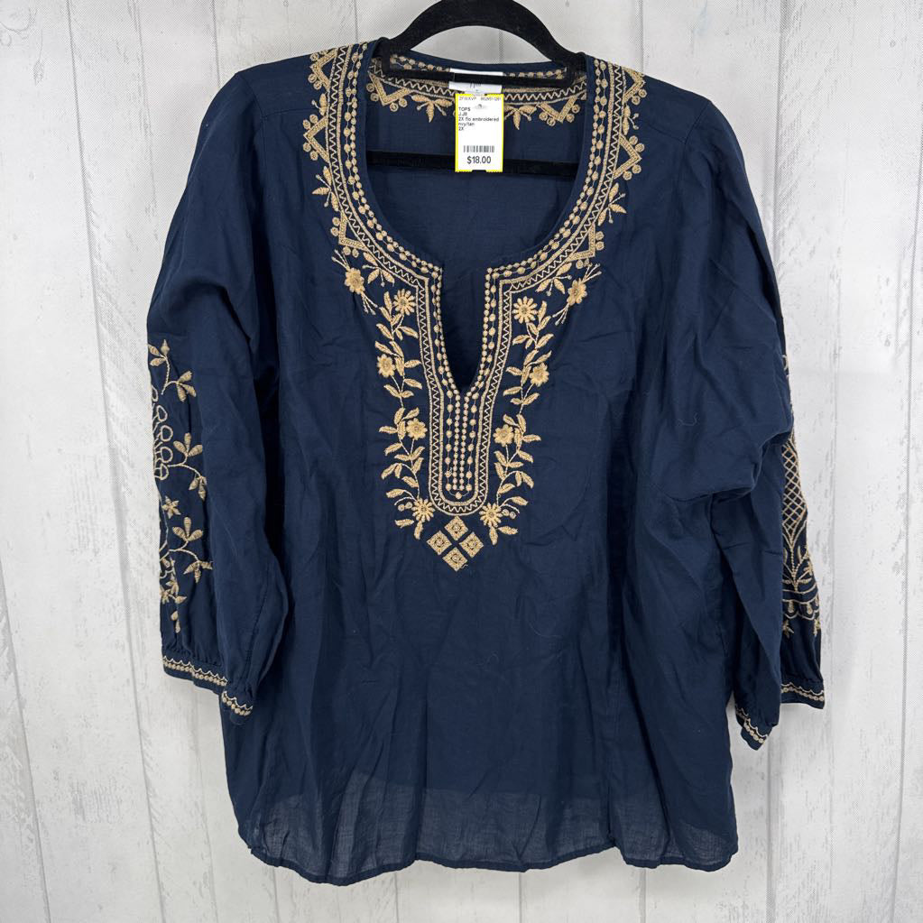 2X flo embroidered split neck 3/4 slv top