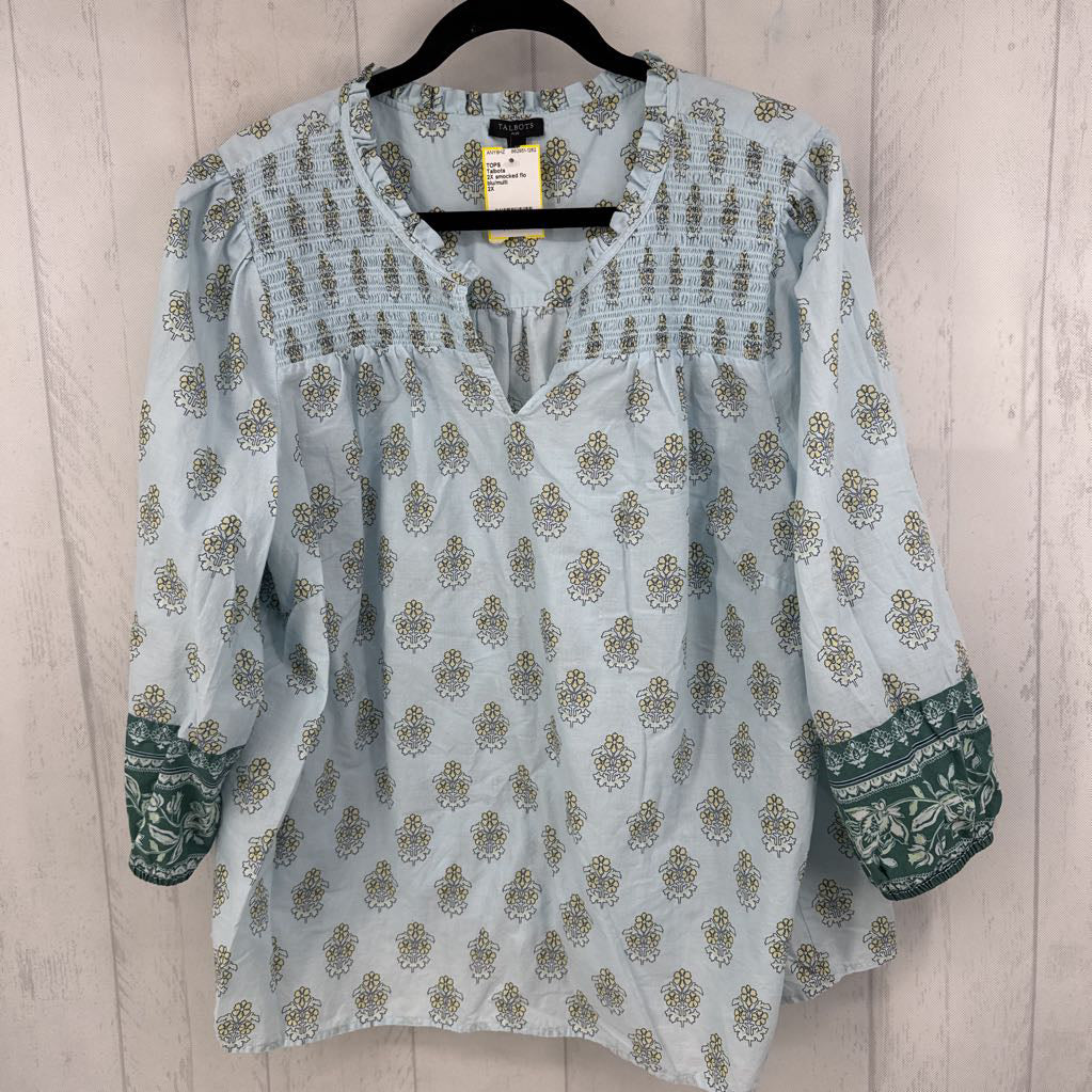 2X smocked flo print split neck 3/4 slv top