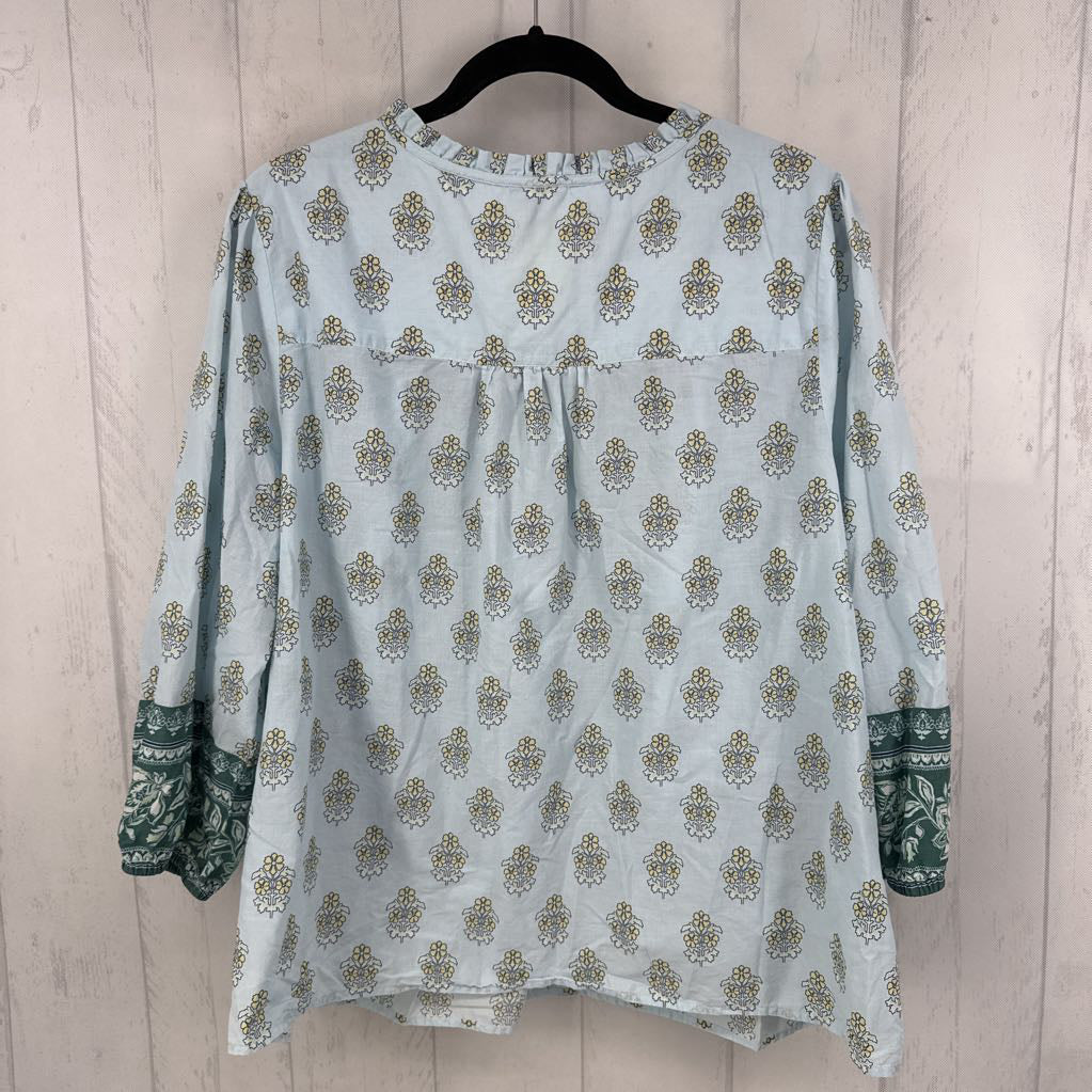 2X smocked flo print split neck 3/4 slv top