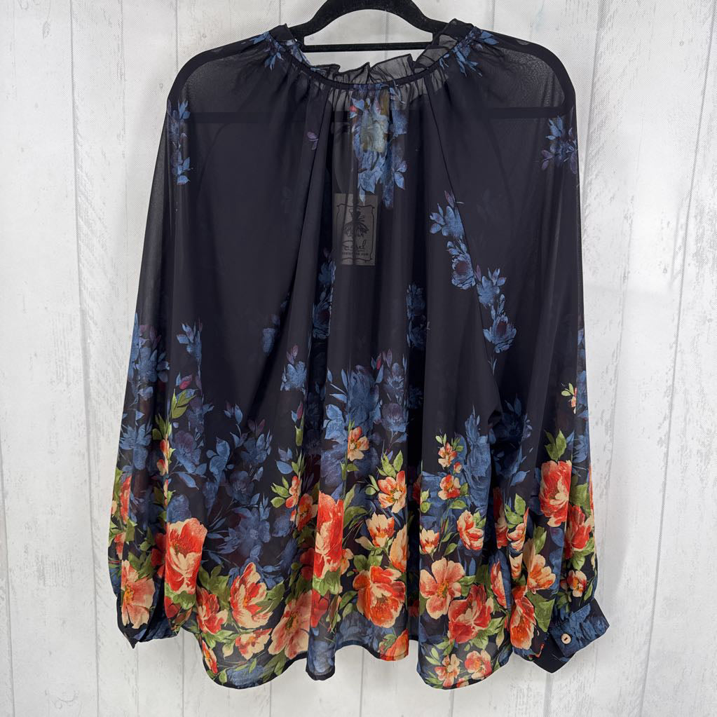 2X semi-sheer flo print splt neck l/s top