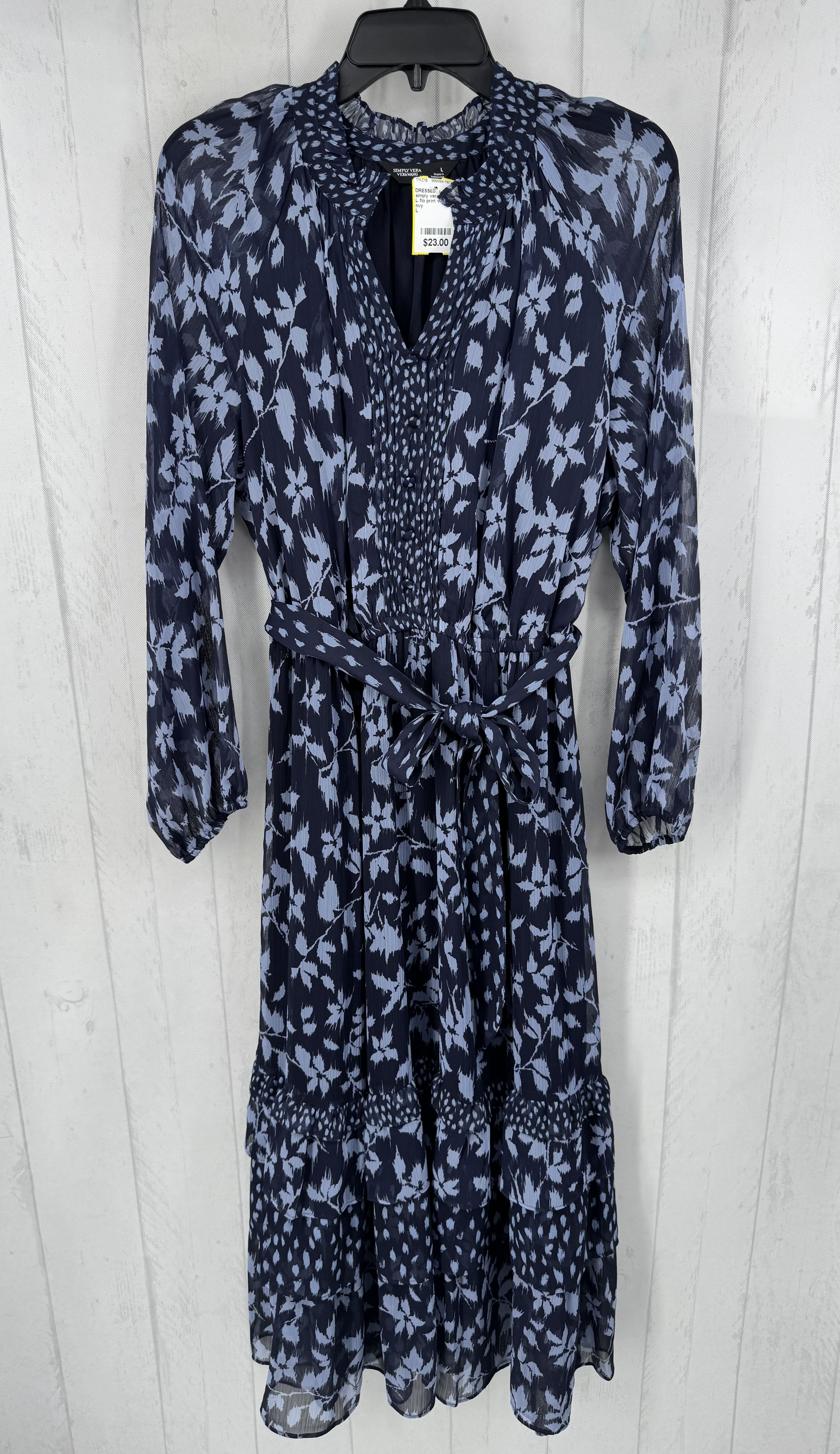 L flo print v-neck l/s maxi dress