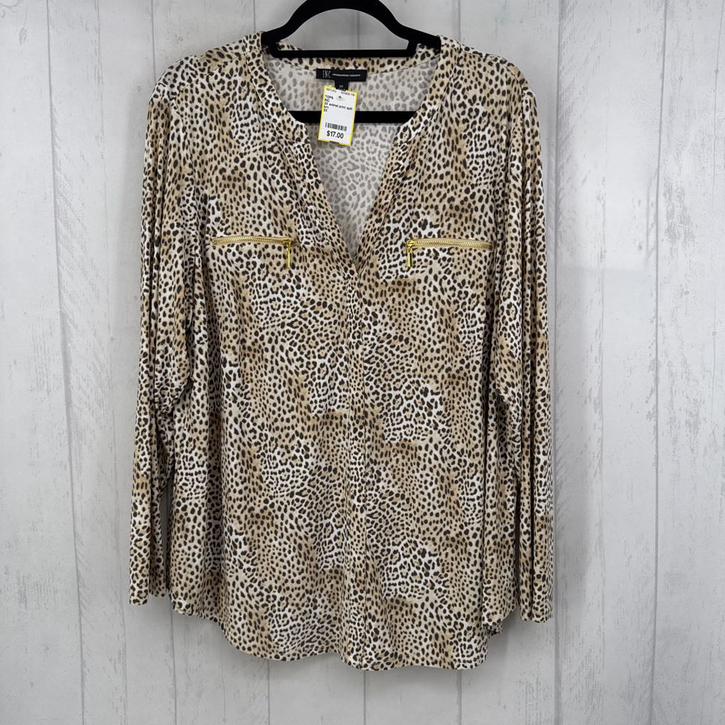2X animal print split neck l/s top