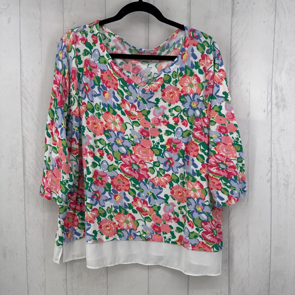 3X flo print layered hem 3/4 slv top