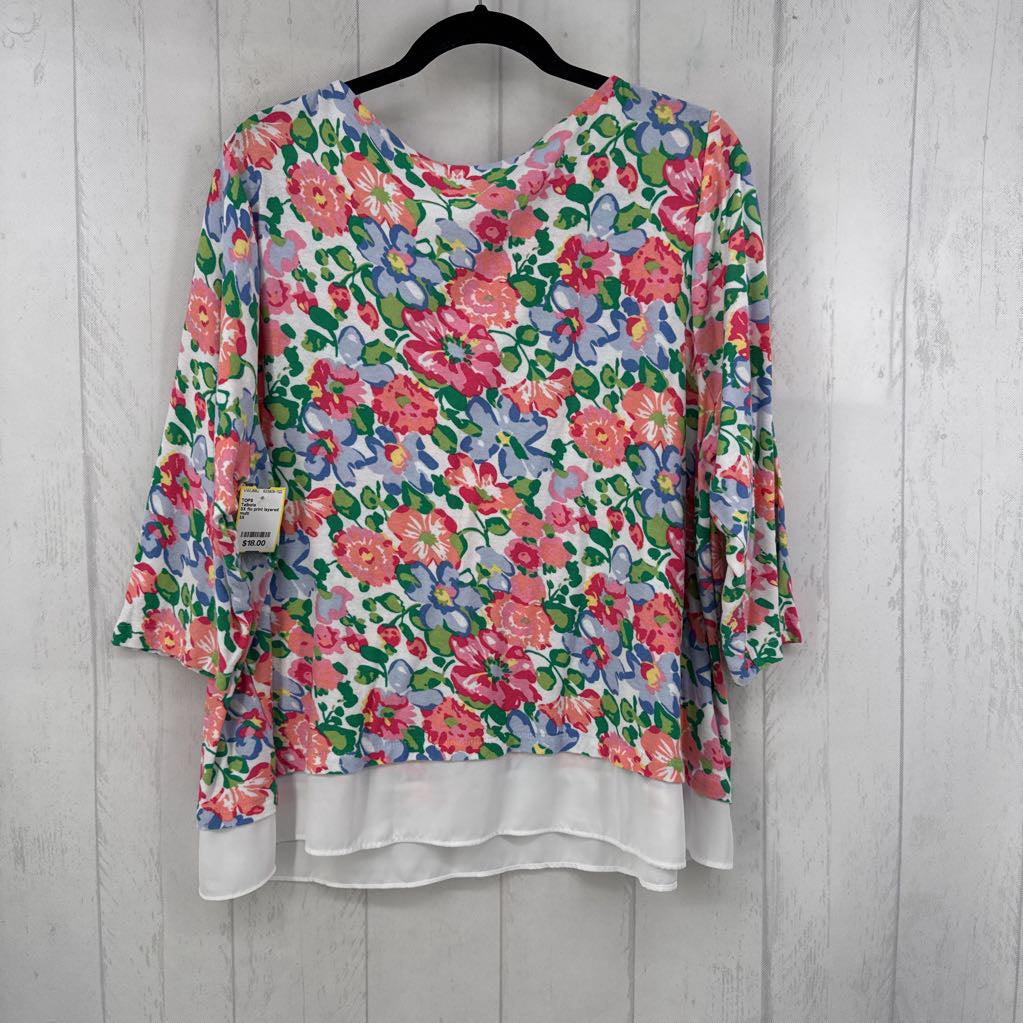 3X flo print layered hem 3/4 slv top