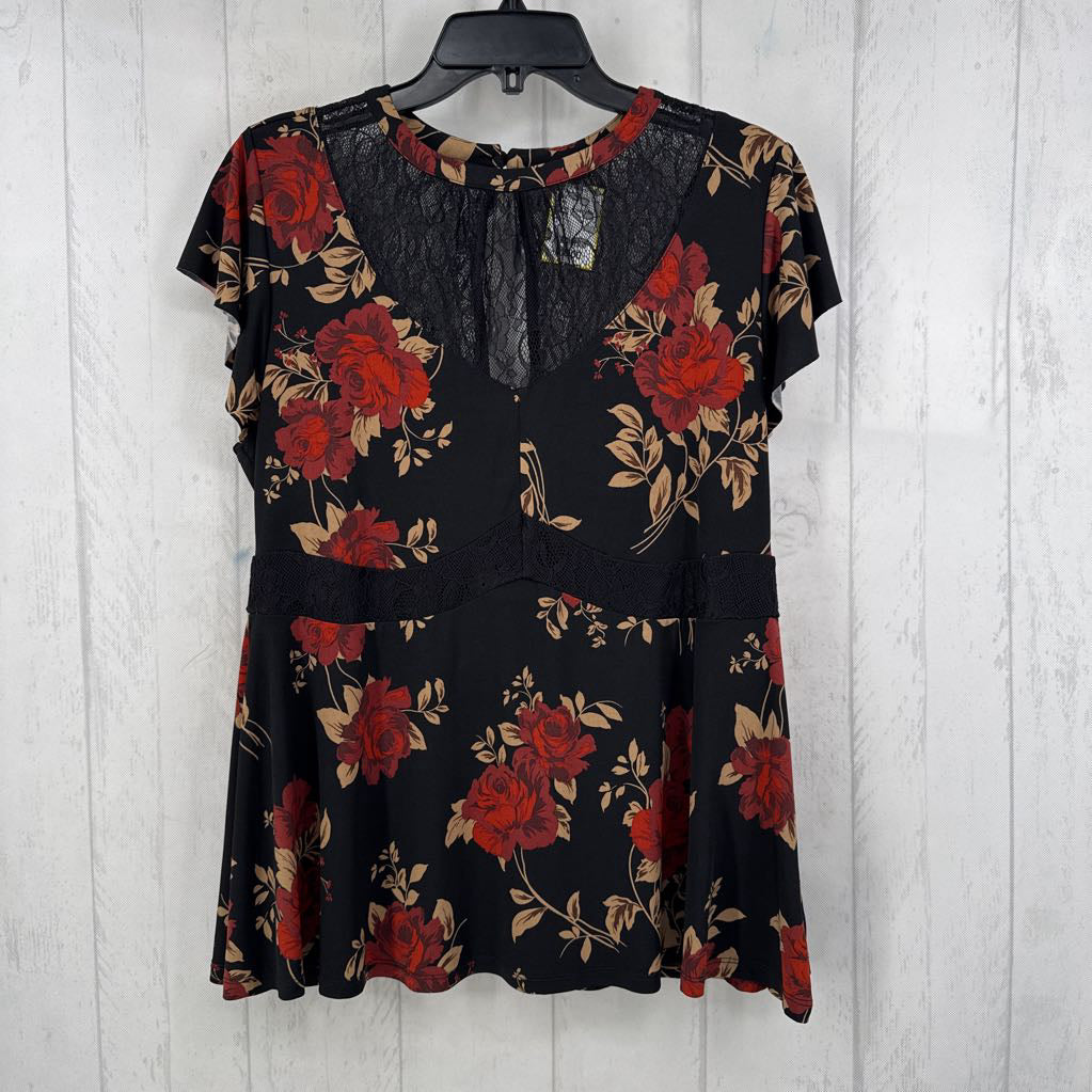 00 lace accent flo print s/s top
