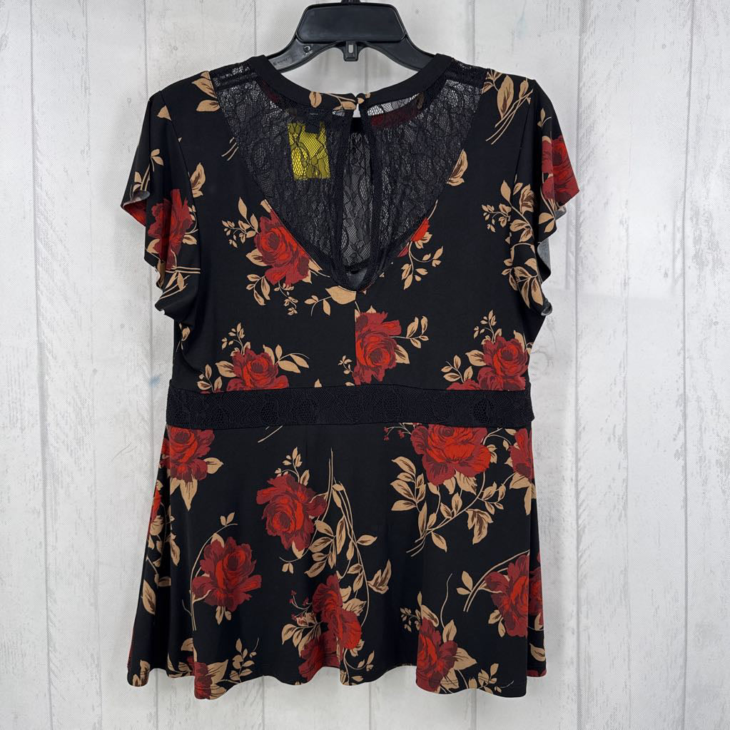 00 lace accent flo print s/s top