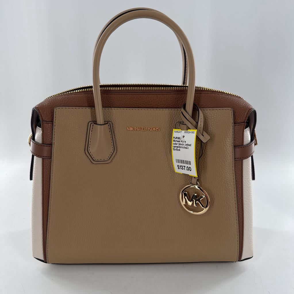 color block belted pebbled satchel