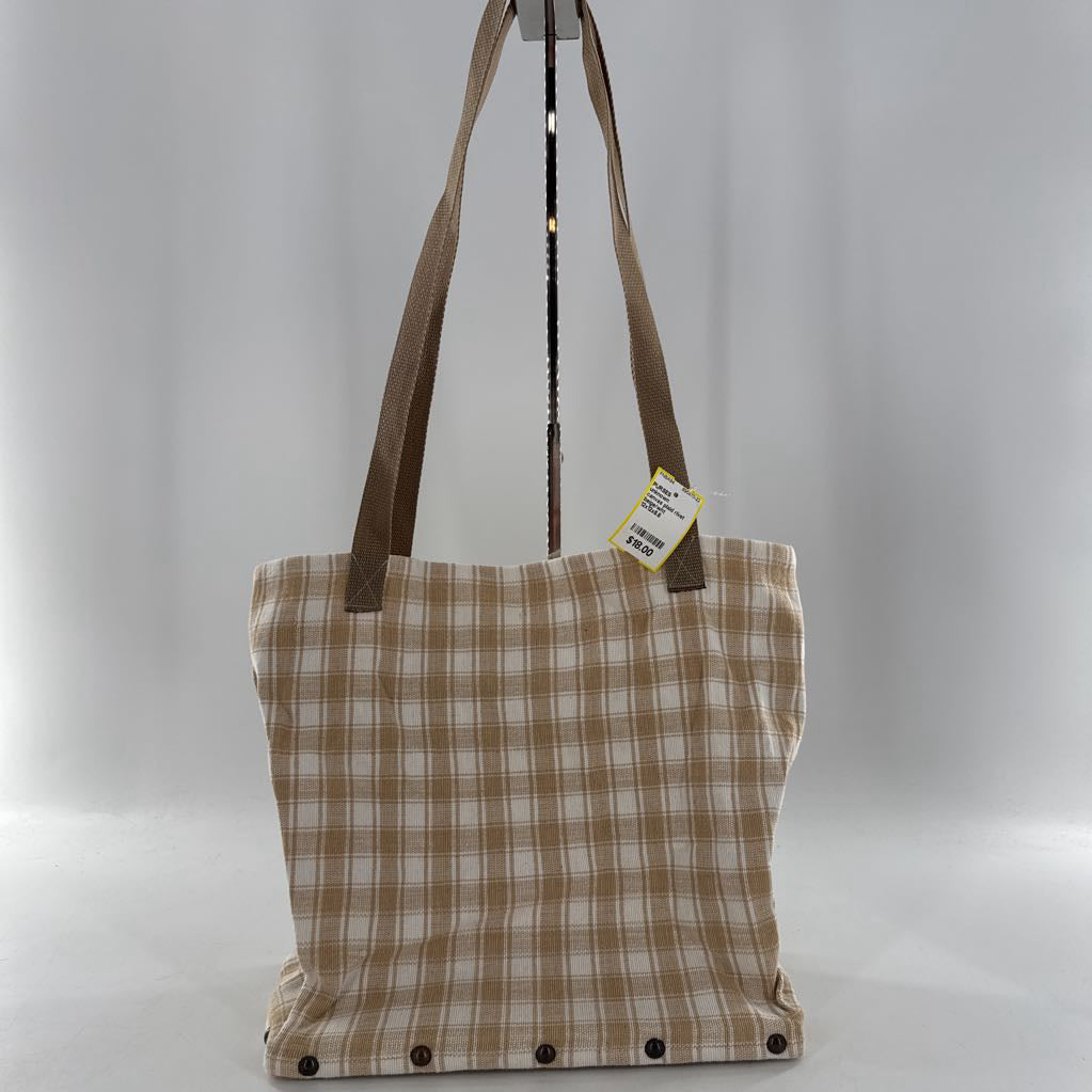 canvas plaid rivet detailing wood bottom tote