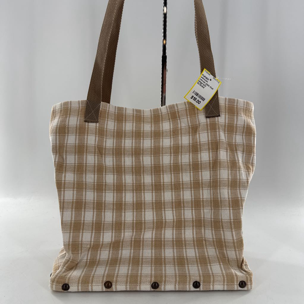 canvas plaid rivet detailing wood bottom tote
