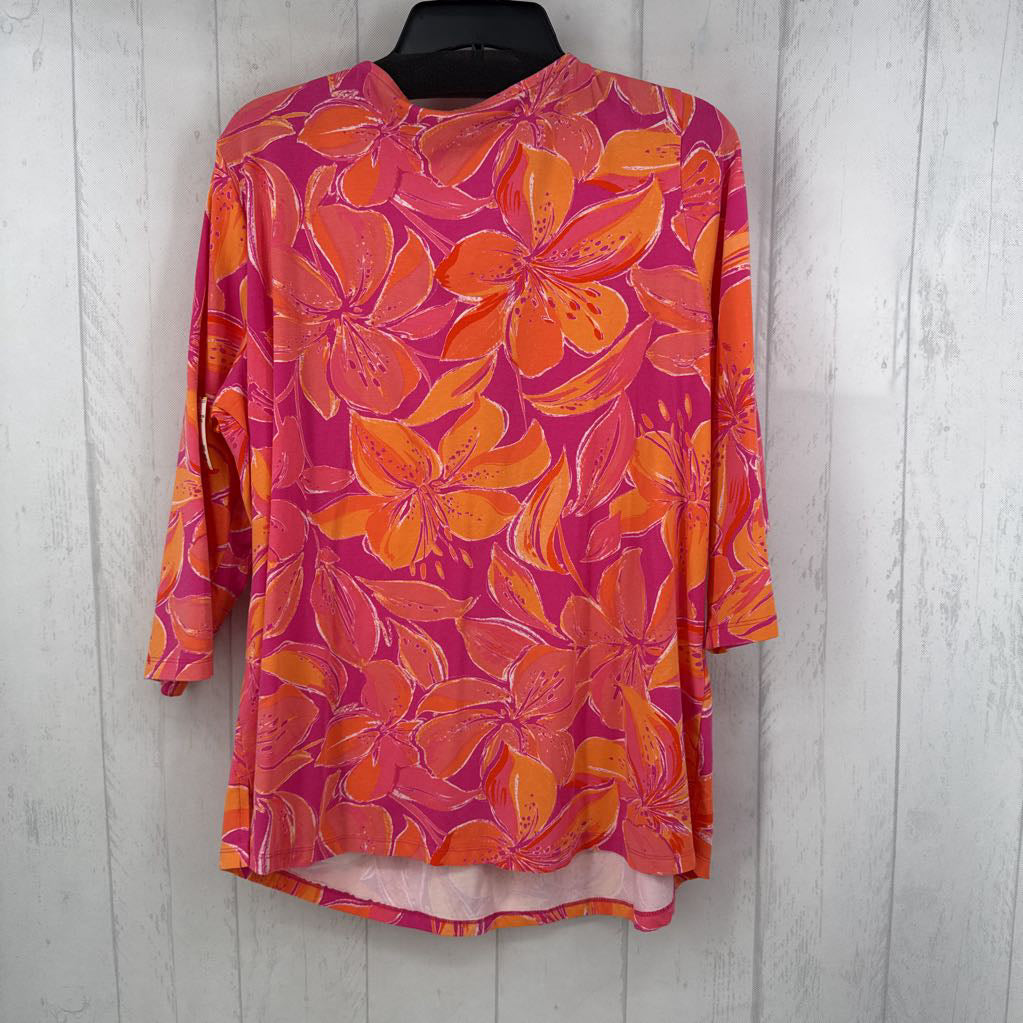 XL flo print zip front 3/4 slv top