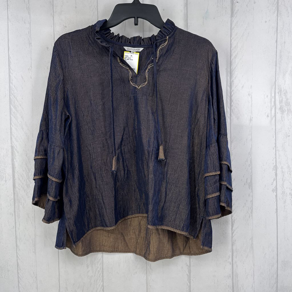 Mp split neck ruffled 3/4 slv top