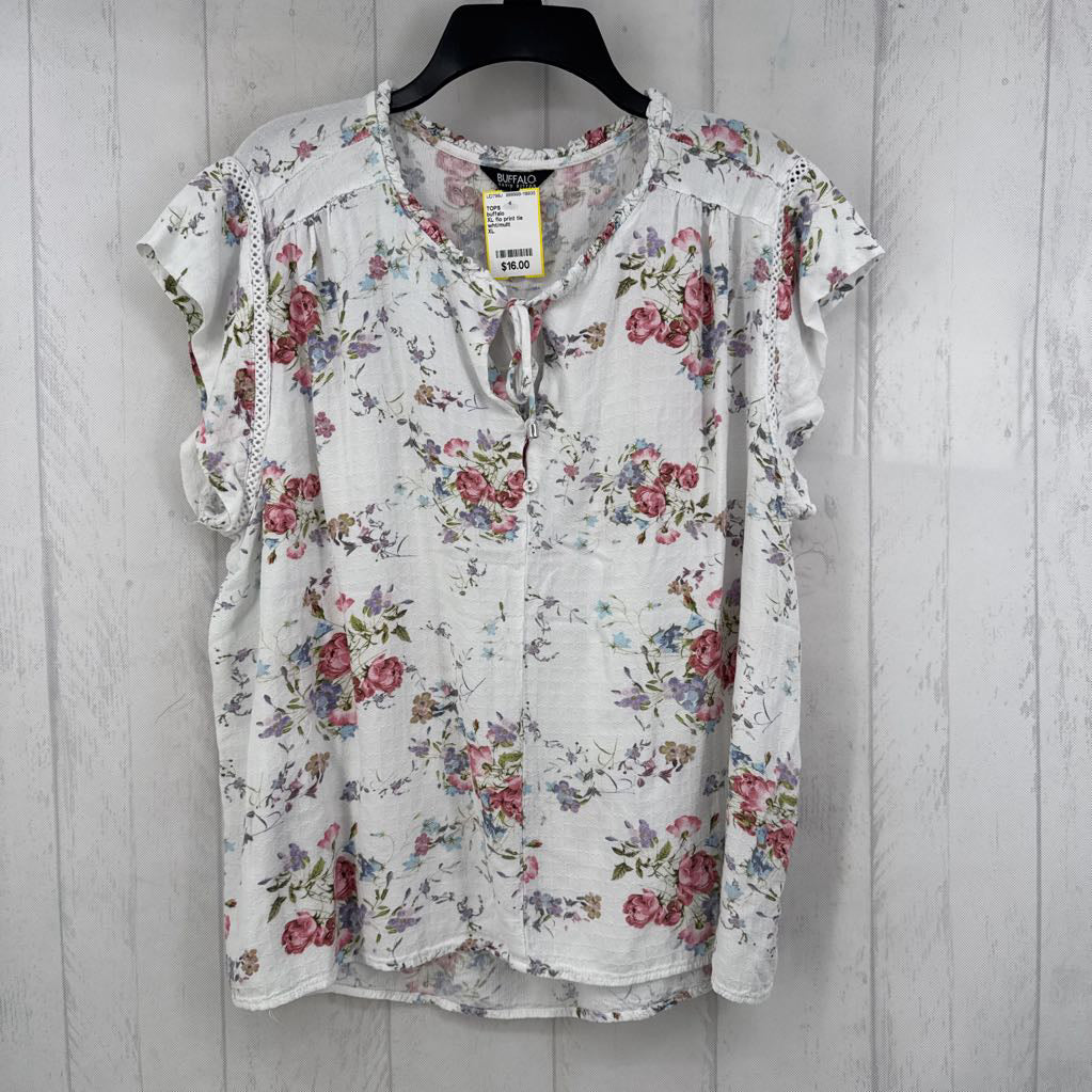 XL flo print tie front s/s top