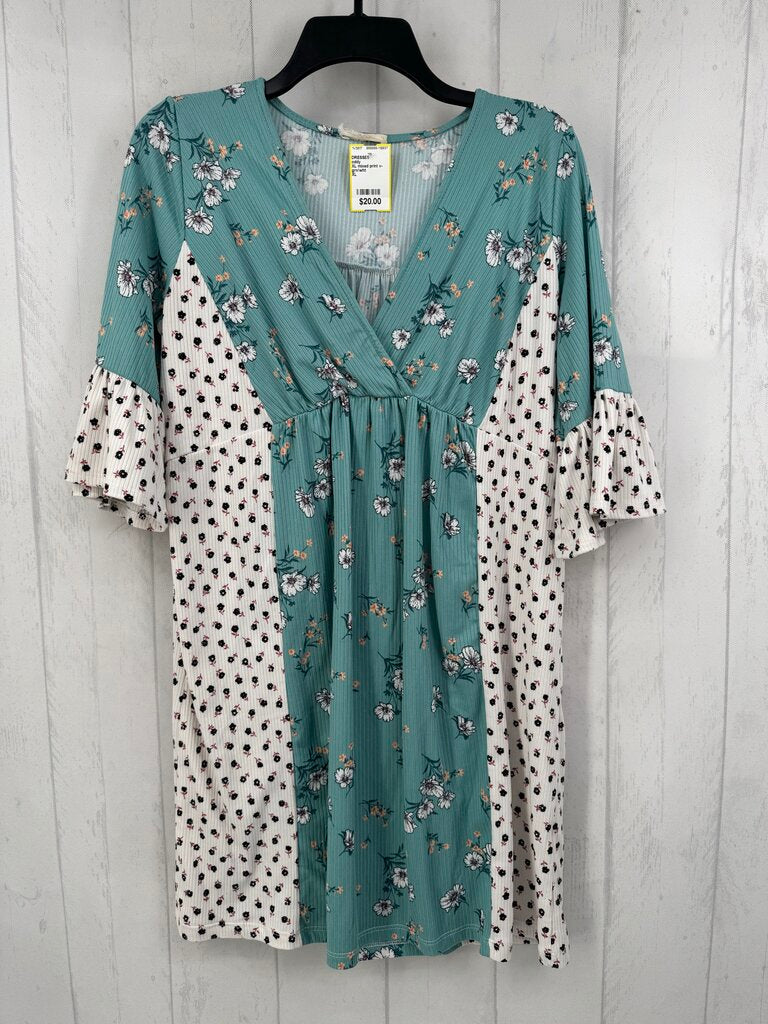 XL mixed print v-neck 3/4 slv dress