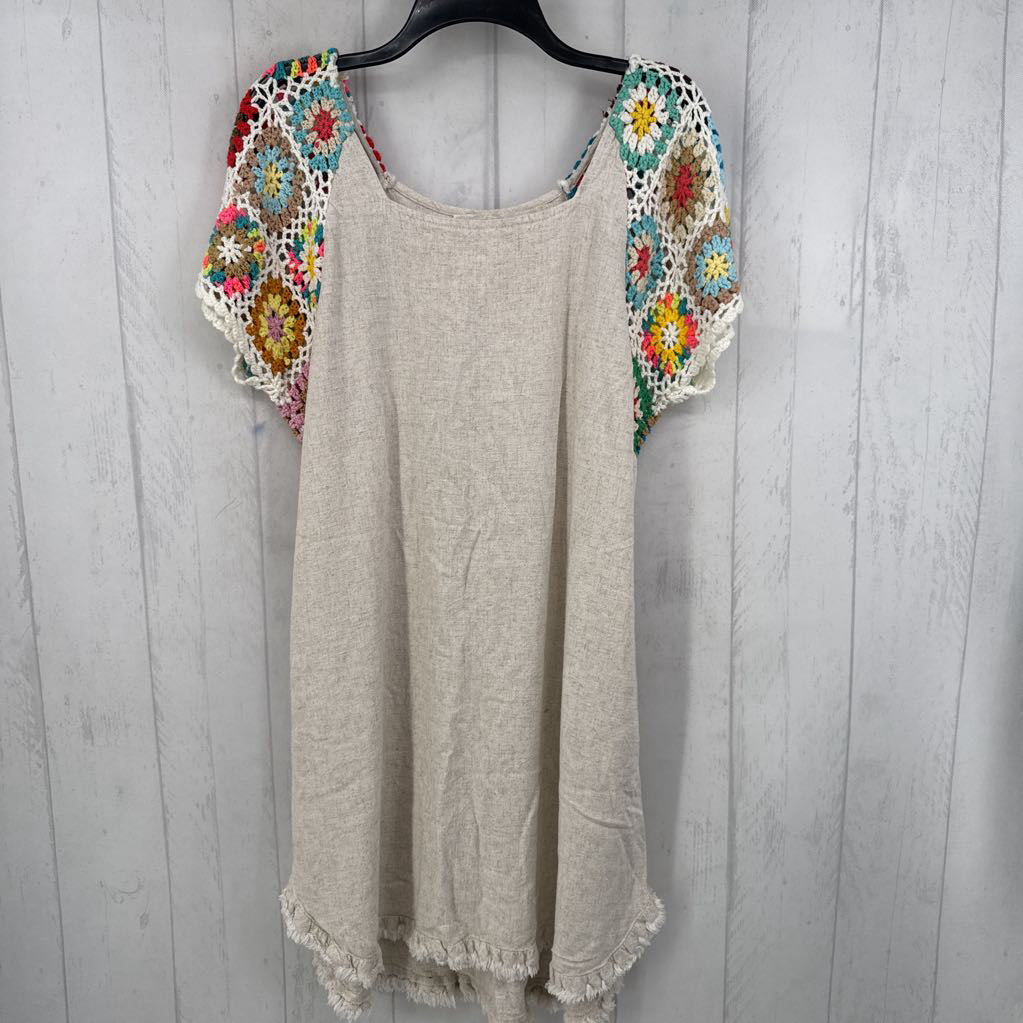 L linen blend crochet slv dress s/s