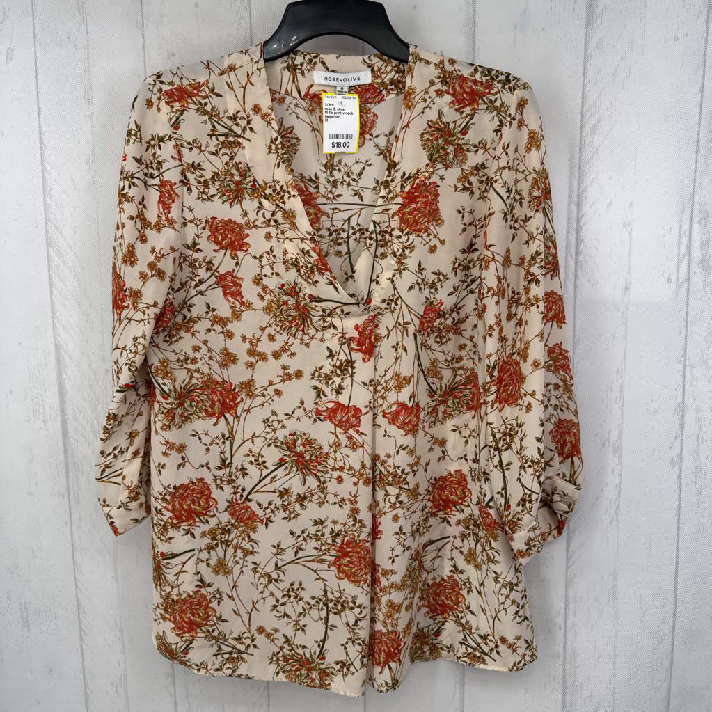M flo print v-neck 3/4 slv top