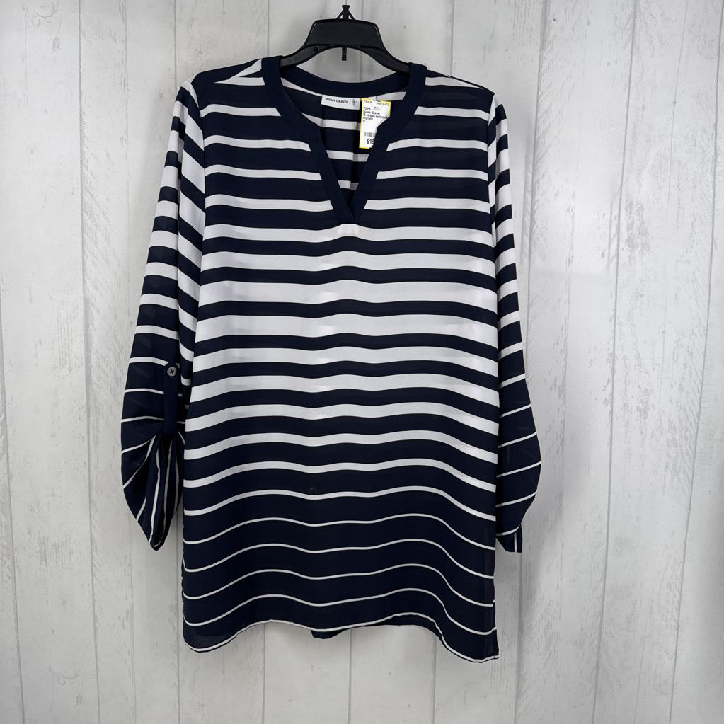 12 striped split neck tab slv top
