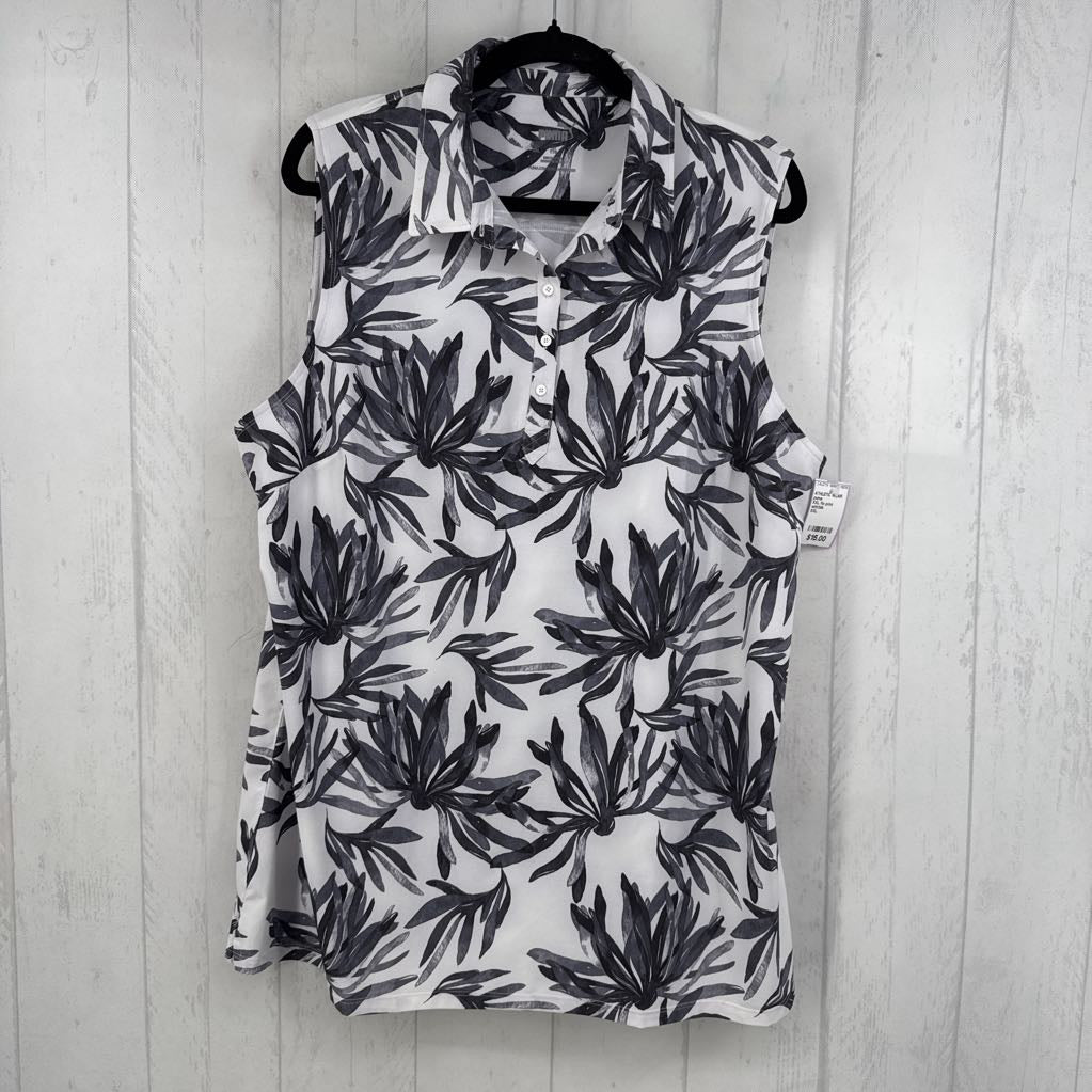 XXL flo print quarter button down slvls top