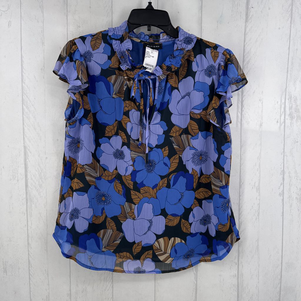 M flo print split neck flutter slv top