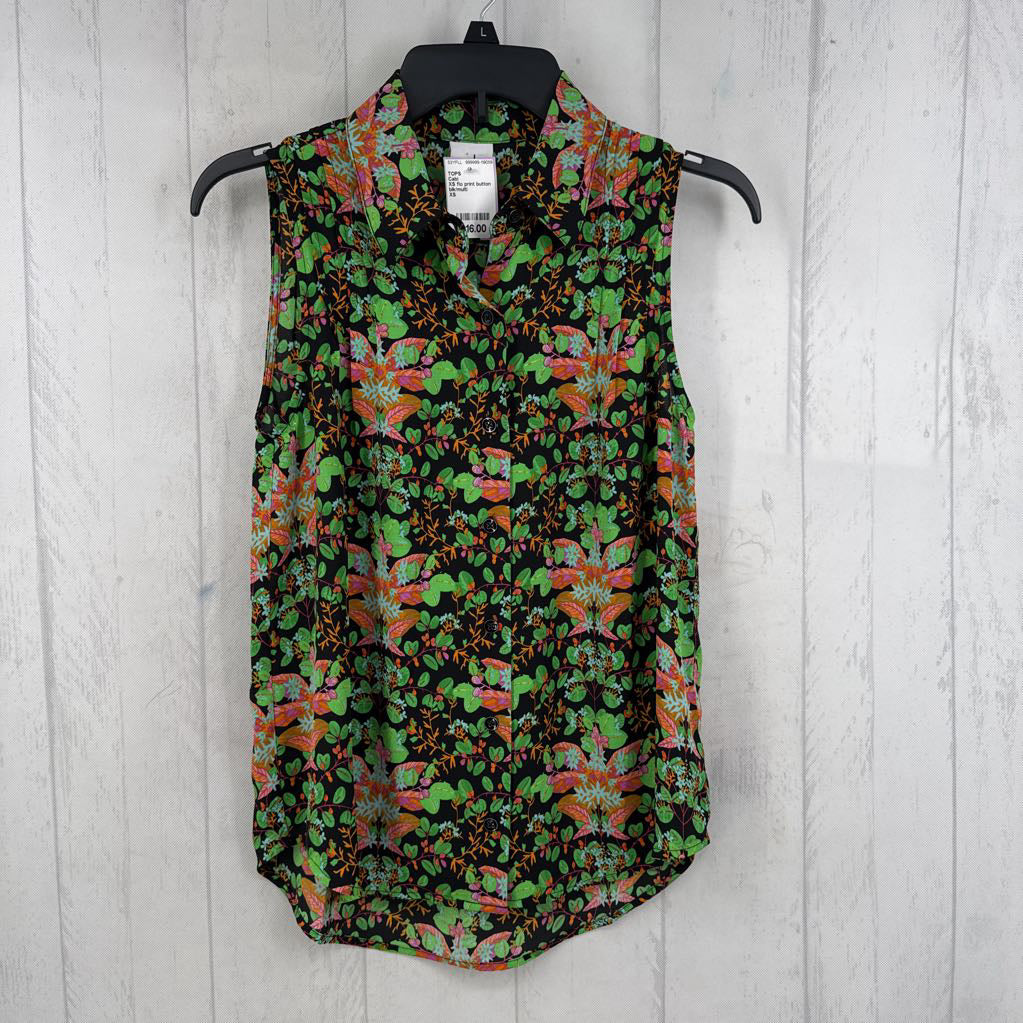 XS flo print button down slvls top