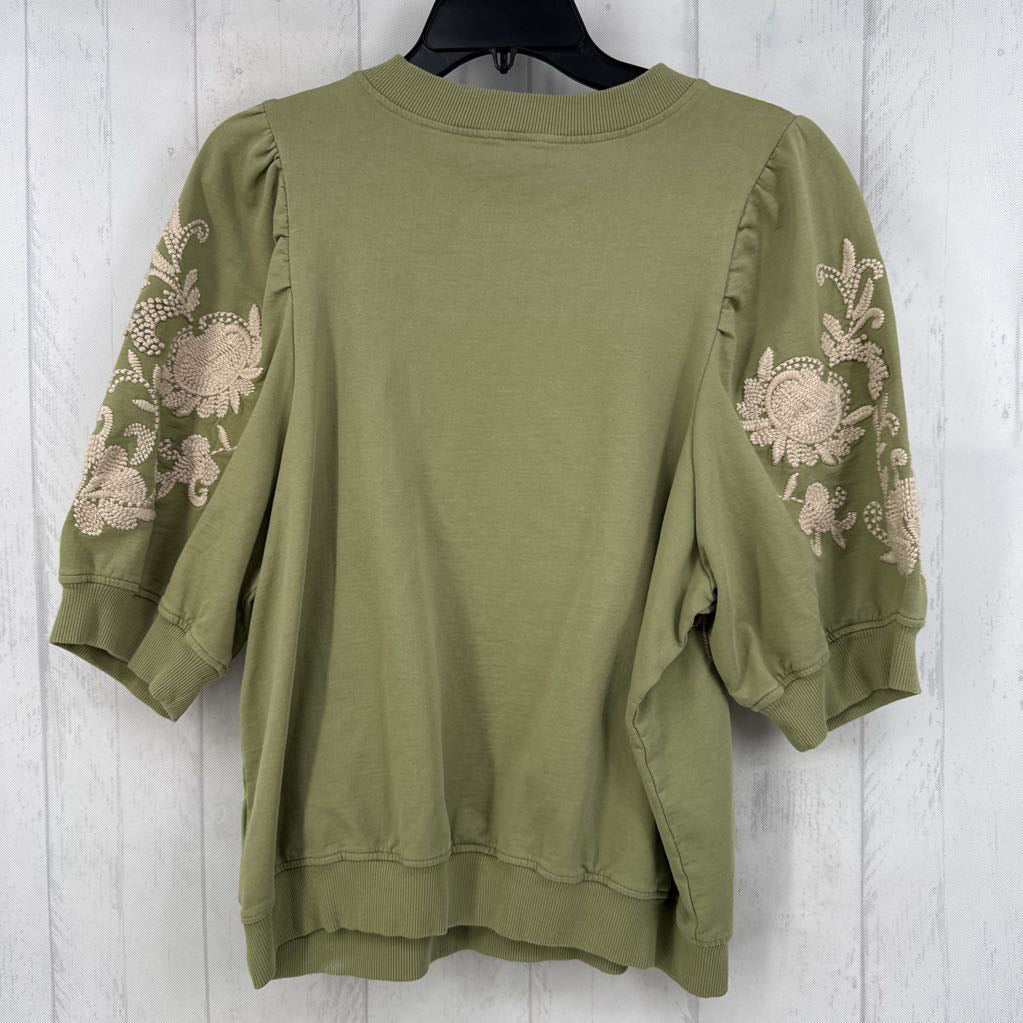 L flo embroidered elbow slv top