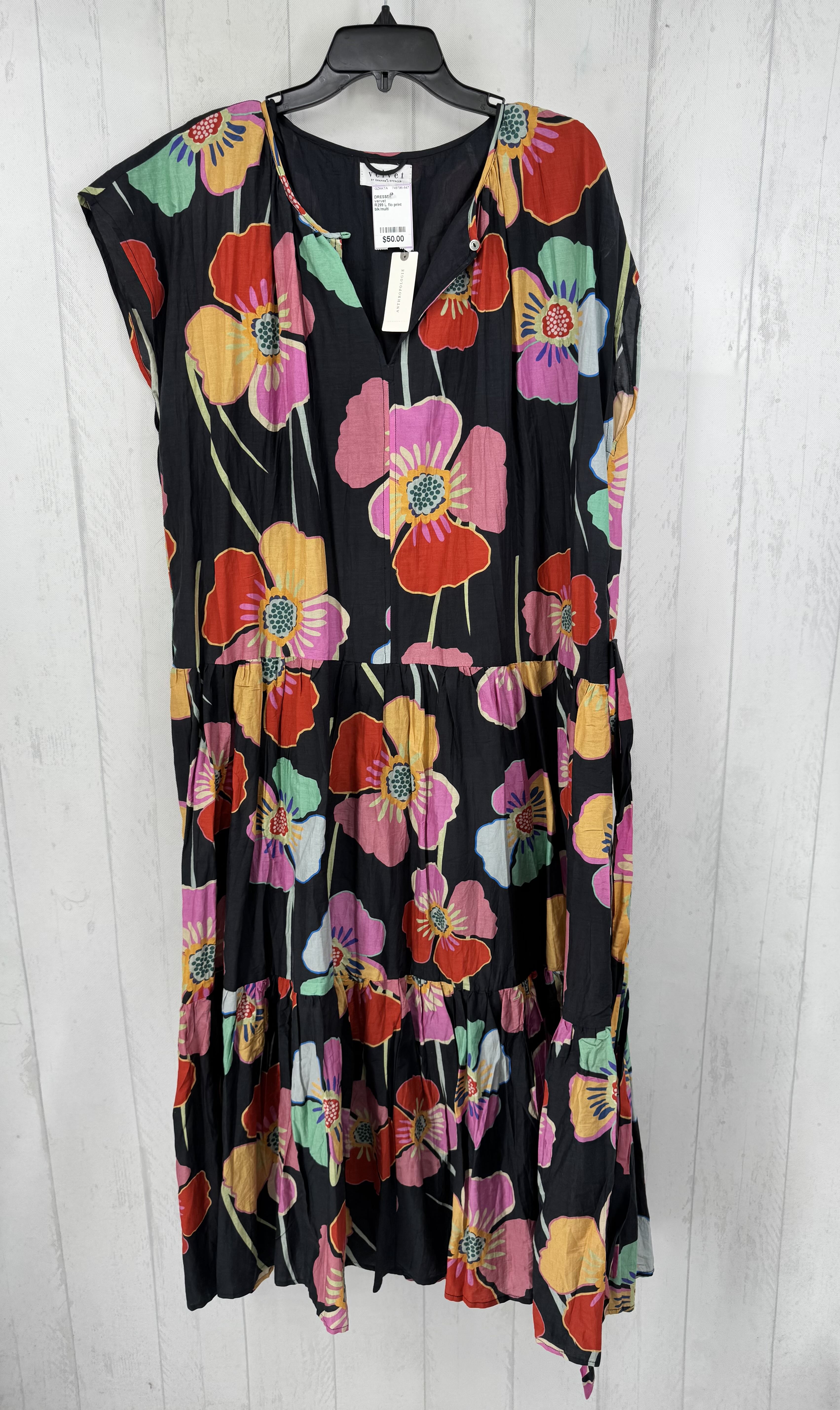 R299 L flo print belted split neck dress