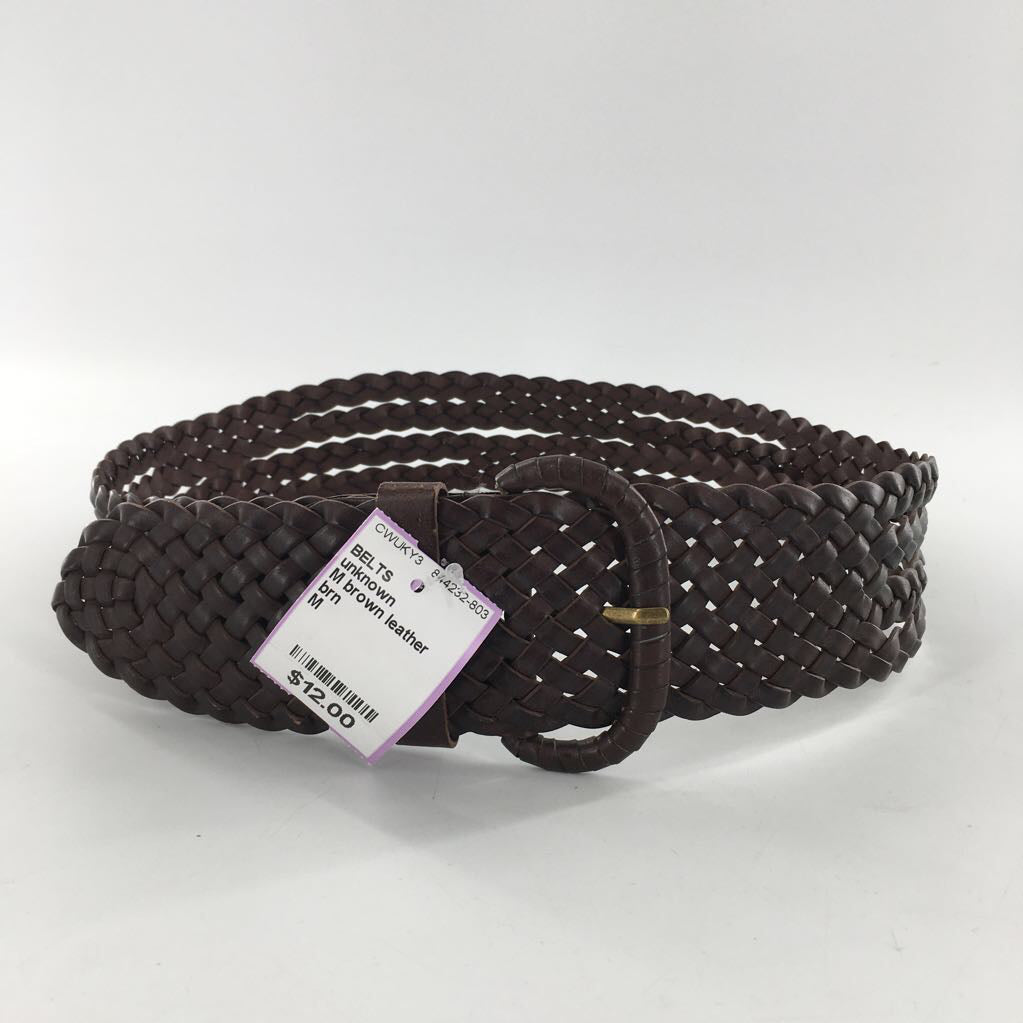 M brown leather woven belt