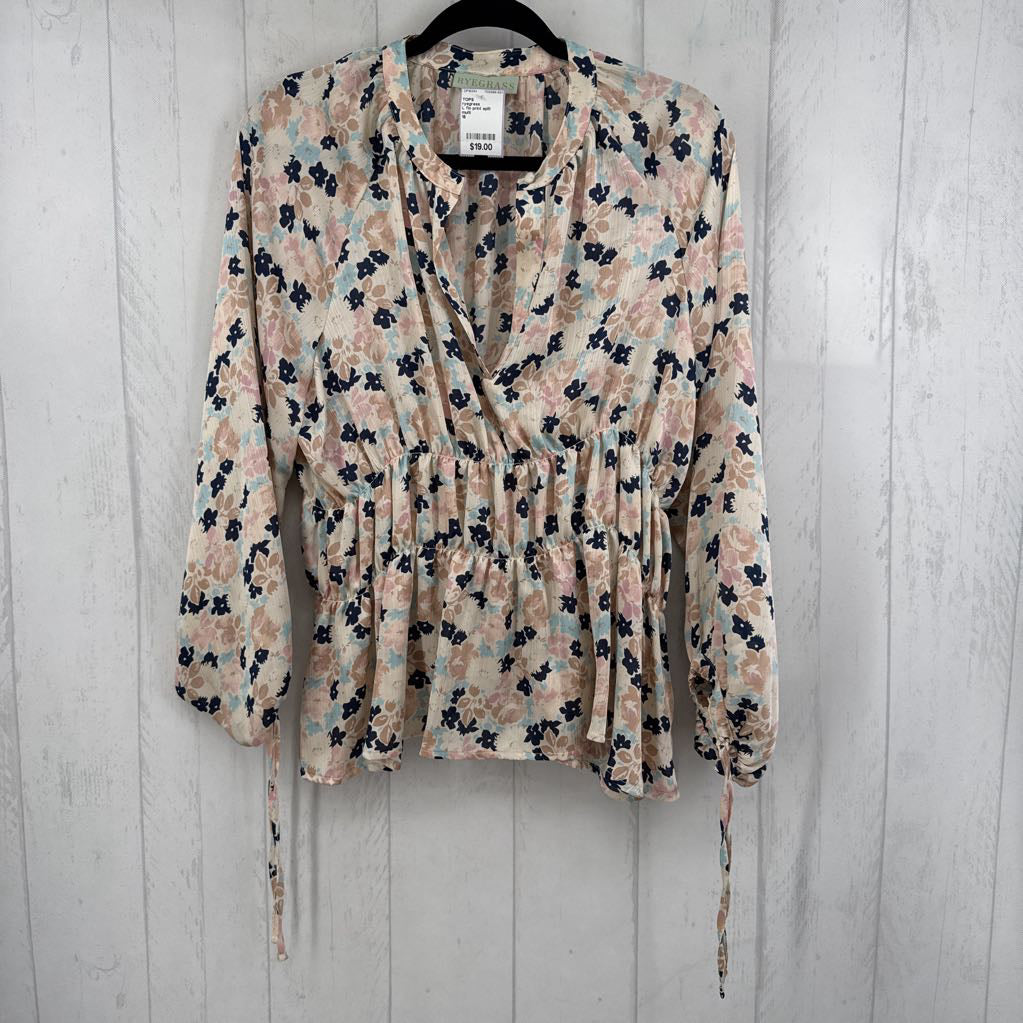 L flo print split neck l/s top
